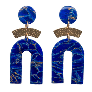Marble blue polymer clay earrings U shaped - κρεμαστά, μεγάλα, πηλός, καρφάκι