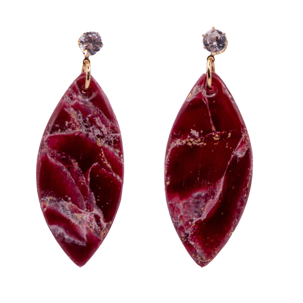 Marble burgundy leaf polymer clay earrings - πηλός, καρφωτά, μεγάλα, καρφάκι