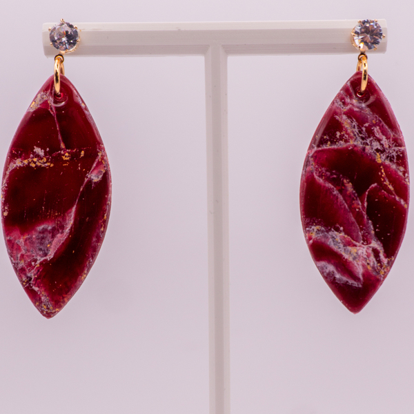 Marble burgundy leaf polymer clay earrings - πηλός, καρφωτά, μεγάλα, καρφάκι - 2