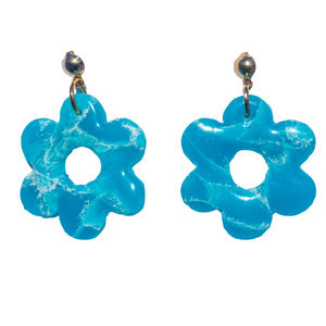 Marble cyan blue flower polymer clay earrings - κρεμαστά, λουλούδι, πηλός, φθηνά, καρφάκι