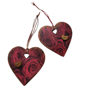 δύο ξύλινες καρδιές decoupage με κόκκινα τριαντάφυλλα - 8,00εκ Χ 8,00εκ - ξύλο, καρδιά, είδη γάμου, δώρα αγίου βαλεντίνου, δωρο για επέτειο