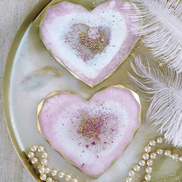 Σουβέρ καρδιά απο υγρό γυαλί με φύλλα χρυσού - ρητίνη, σουβέρ, είδη γάμου, γιορτή της μητέρας, πιατάκια & δίσκοι - 2
