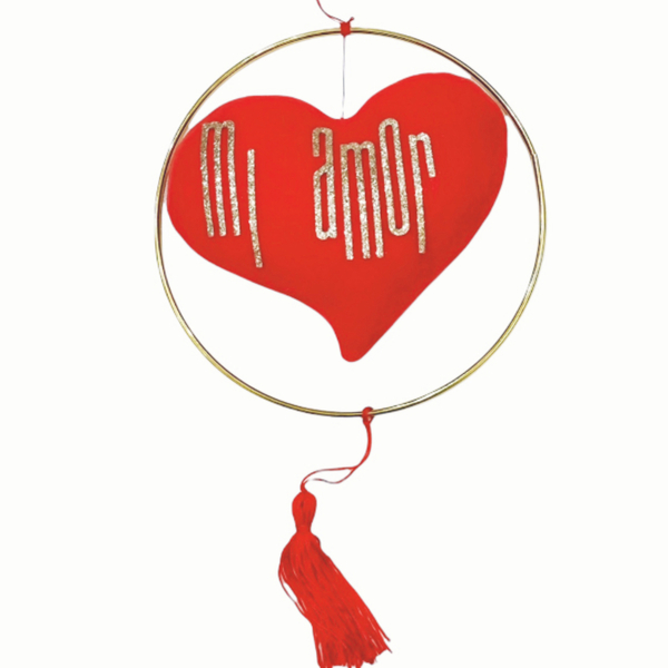 Κατακόκκινη καρδιά σε μεταλλικό στεφάνι 20 εκατοστών, με glitter μήνυμα "mi amor" - ύφασμα, αγάπη, κρεμαστά, διακοσμητικά, ζευγάρια - 3