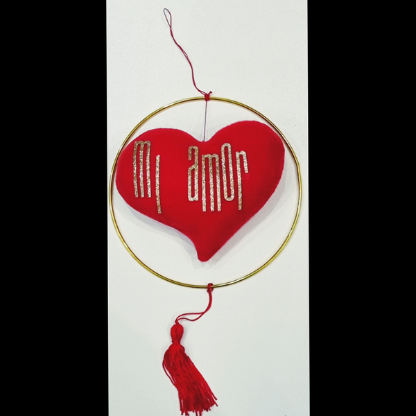 Κατακόκκινη καρδιά σε μεταλλικό στεφάνι 20 εκατοστών, με glitter μήνυμα "mi amor" - ύφασμα, αγάπη, κρεμαστά, διακοσμητικά, ζευγάρια - 4