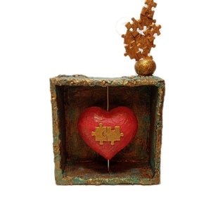 Καρδιά mixed media με κομμάτια puzzles - καρδιά, χαρτί, πηλός