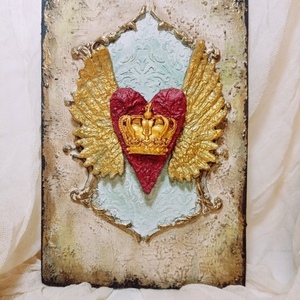 Ξύλινο κάδρο με καρδιά φτερά και κορώνα-Αντίγραφο - πίνακες & κάδρα, καρδιά, πηλός - 3