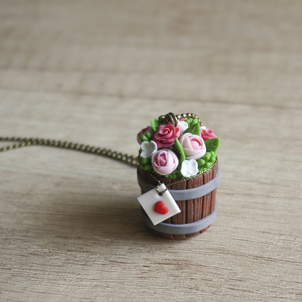 Μενταγιόν - βαρέλι με λουλούδια και μήνυμα αγάπης - πηλός, romantic, λουλούδι, δώρα αγίου βαλεντίνου, μενταγιόν - 3