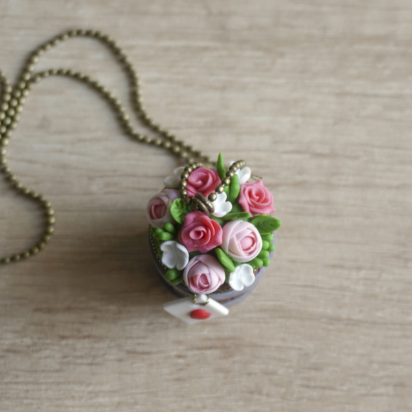 Μενταγιόν - βαρέλι με λουλούδια και μήνυμα αγάπης - πηλός, romantic, λουλούδι, δώρα αγίου βαλεντίνου, μενταγιόν - 4