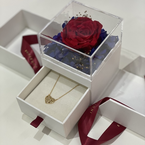 Κασετίνα Αγίου Βαλεντίνου με τριαντάφυλλο που διαρκεί forever και κόσμημα λαιμού Ασήμι 925ο καρδιά χρυσό χρωμα - ασήμι, κοσμήματα