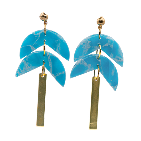Marble cyan blue double wings polymer clay earrings - επιχρυσωμένα, πηλός, μακριά, κρεμαστά, καρφάκι