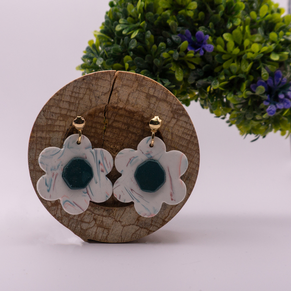 Flower white with colors polymer clay earrings - πηλός, λουλούδι, μικρά, κρεμαστά, φθηνά - 2