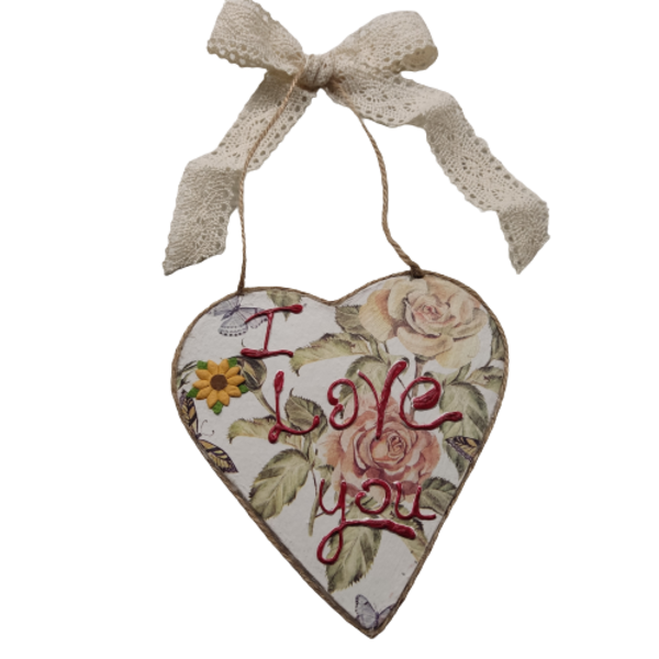 ρομαντική, vintage, κρεμαστή κάρτα καρδιά decoupage - 12,50 εκ Χ 12,50 εκ - γάμος, γενέθλια, επέτειος, αγ. βαλεντίνου, ευχετήριες κάρτες