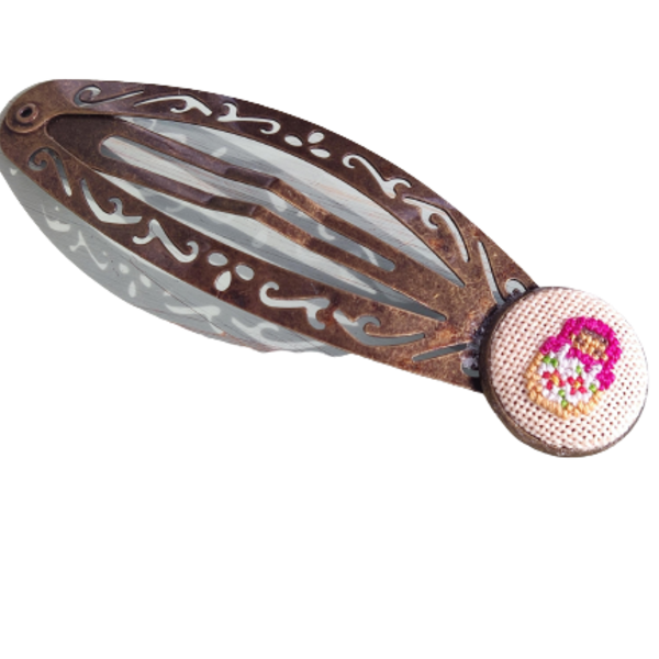 Κοκαλάκι μπαμπουσκα, κεντημένο σταυροβελόνια - ύφασμα, μέταλλο, hair clips