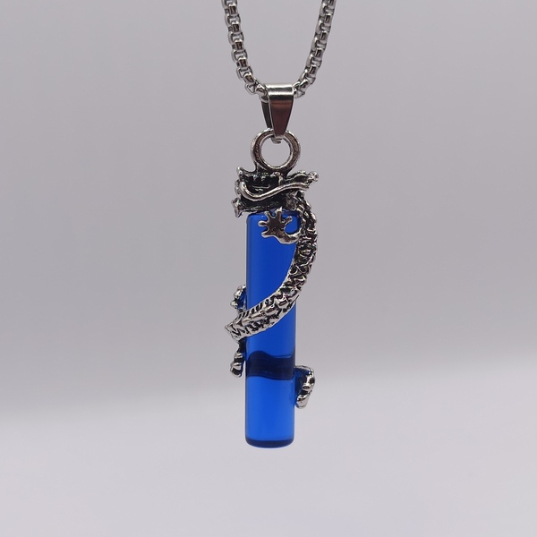 Ανδρικό μπλε κολιέ με ασημί αλυσίδα και δράκο - ορείχαλκος, μακριά, μενταγιόν - 3