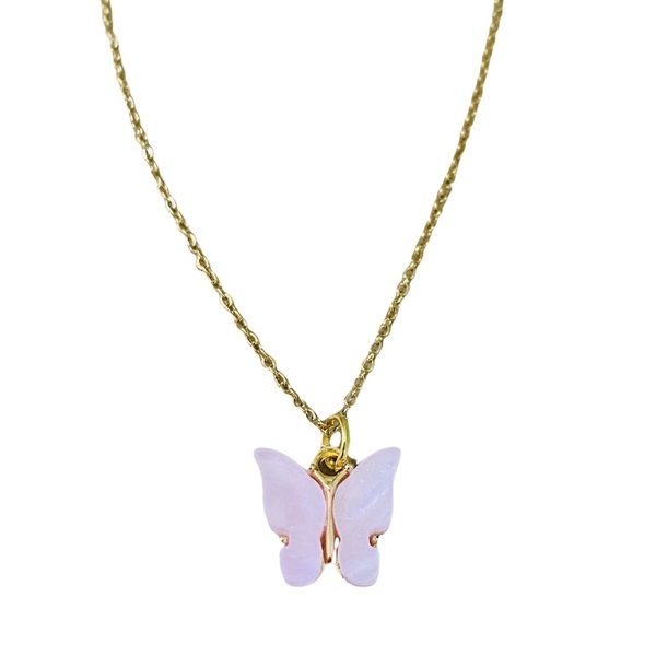 Κολιέ ατσάλι επιχρυσωμένο - Baby pink butterfly - charms, επιχρυσωμένα, πεταλούδα, κοντά, ατσάλι