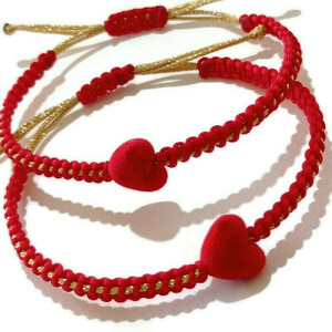 Βραχιόλι με το κόκκινη βελούδινη καρδιά - νήμα, καρδιά, κοσμήματα, αυξομειούμενα, δώρα για γυναίκες - 2