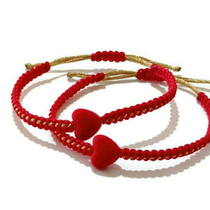 Βραχιόλι με το κόκκινη βελούδινη καρδιά - νήμα, καρδιά, κοσμήματα, αυξομειούμενα, δώρα για γυναίκες - 5