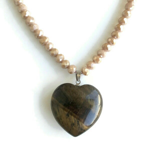 Κολιέ με Καρδιά Μάτι της Τίγρης ημιπολύτιμο λίθο και κρυσταλλάκια 30χιλ - ημιπολύτιμες πέτρες, καρδιά, κοντά, μενταγιόν
