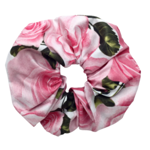Υφασμάτινο λαστιχάκι scrunchie ροζ τριαντάφυλλα - ύφασμα, κορίτσι, φλοράλ, για τα μαλλιά, λαστιχάκια μαλλιών