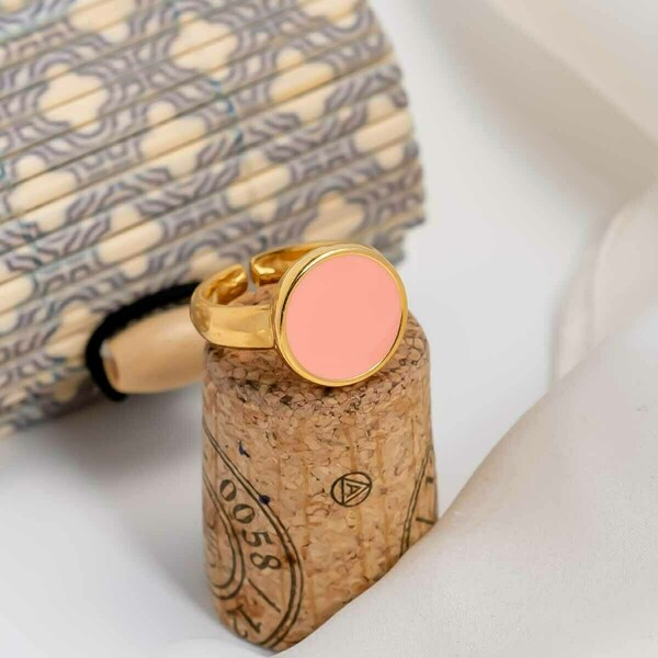 Δαχτυλίδι Επιχρυσωμένο Κύκλος με Ροζ Σμάλτο - επιχρυσωμένα, ορείχαλκος, μεγάλα, αυξομειούμενα, φθηνά - 2