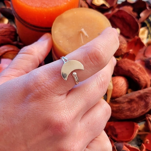 Χειροποίητο ασημένιο ανοιχτό δαχτυλίδι με σχέδιο μισοφέγγαρο - ασήμι 925, φεγγάρι, αυξομειούμενα - 4