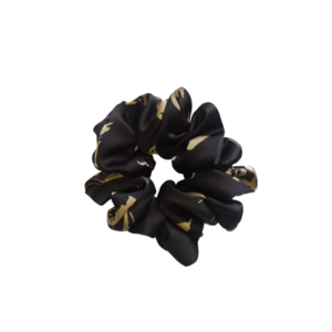 Μαύρο scrunchie με φλοράλ ντεσεν XL - λαστιχάκια μαλλιών, κοκκαλάκι, ύφασμα, σατέν