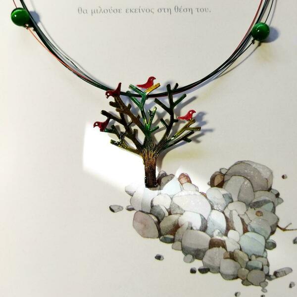 Κοντό κολιέ με μπρούντζινο "δέντρο της ζωής" πράσινο με κόκκινο ,διάμ. 17 εκ. - ημιπολύτιμες πέτρες, κοντά, μπρούντζος, μενταγιόν - 5