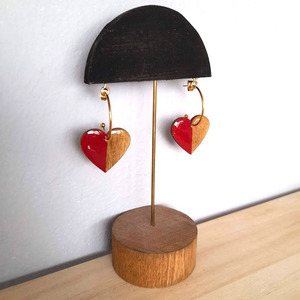 Ξύλινα κρεμαστά σκουλαρίκια " Καρδιές"! - ξύλο, γυαλί, καρδιά, κρίκοι, αγ. βαλεντίνου - 2