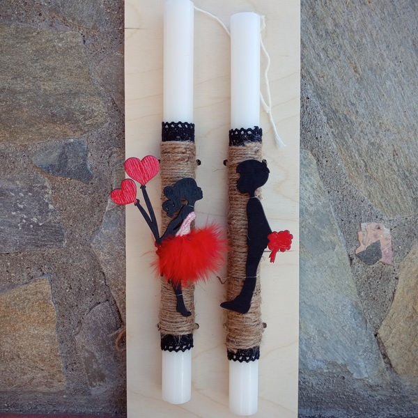 Διπλή λαμπάδα με ξύλινο ζευγάρι μαγνητάκι και ξύλινη πλάτη - κορίτσι, αγόρι, λαμπάδες, ζευγάρια - 2