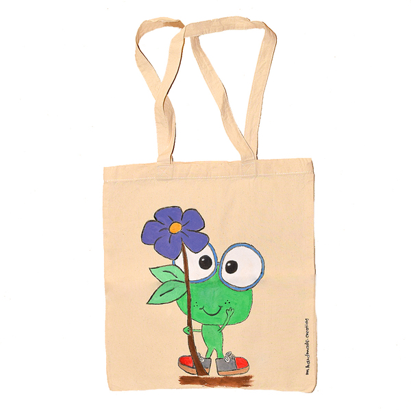 Tote bag ζωγραφίσμενη στο χέρι ❤️Τhe little frog - ύφασμα, ώμου, all day, πάνινες τσάντες