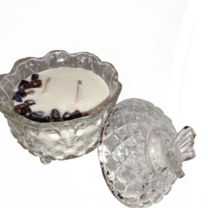 Γυάλινη Φοντανιέρα 200ml - με λευκό κερί σόγιας - άρωμα γαλλικής τουλίπας & ημιπολύτιμους λίθους - Μάτι της Τίγρης & Αμέθυστος (ΥxΠxΜ 12x13x17) - αρωματικά κεριά