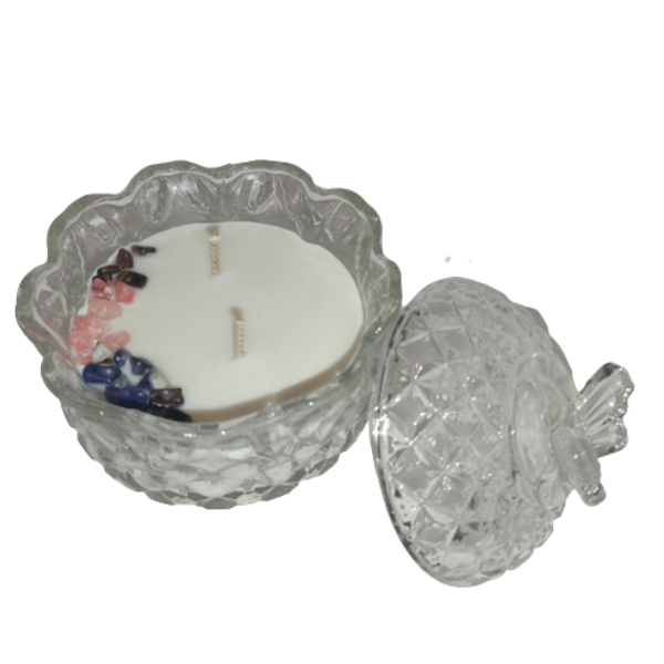 Φοντανιέρα - κερί σόγιας με ημιπολύτιμους λίθους- Σοδαλίτη, Μάτι της Τίγρης & Ροζ Χαλαζία - αρωματικά κεριά