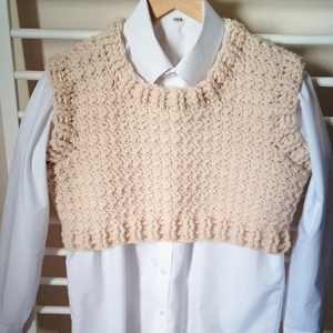 Χειροποίητο Πλεκτό Oversized Crop Top Γιλέκο Μπεζ - μαλλί, crop top - 2