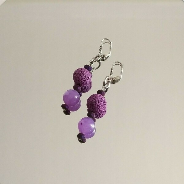"Deep Purple" - Κρεμαστά σκουλαρίκια με λάβα και γυάλινες πέτρες - γυαλί, λάβα, χάντρες, κρεμαστά, γάντζος - 4