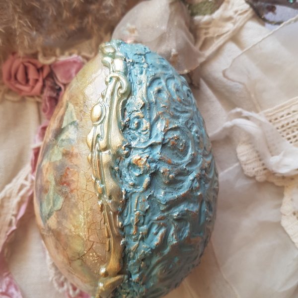 Πασχαλινό αυγό διακοσμητικό Vintage με ντεκουπαζ και ανάγλυφα στοιχεία πηλού 20χ14εκ. - διακοσμητικά, δώρο για νονό, ιδεά για δώρο, πασχαλινά αυγά διακοσμητικά, πασχαλινά δώρα - 4