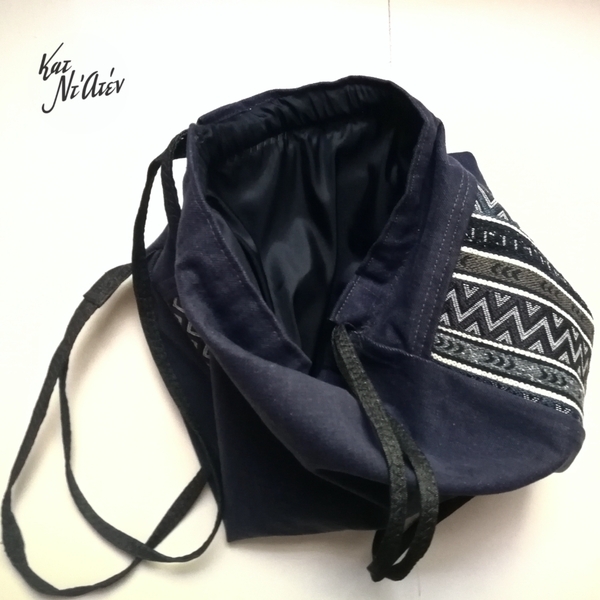 Χειροποίητο backpack 30x46-50cm σακιδιο πλατης, υφαντο + τζιν μπλε γκρι και φοδρα allday - ύφασμα, πλάτης, boho, ethnic, πάνινες τσάντες - 5