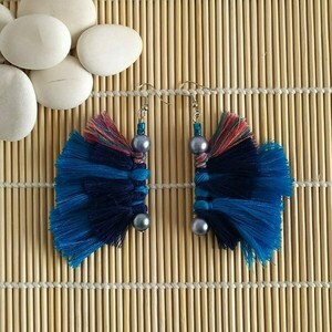 "Butterfly" - Κρεμαστά σκουλαρίκια με φούντες και πέρλες - νήμα, με φούντες, κρεμαστά, μεγάλα, γάντζος - 3