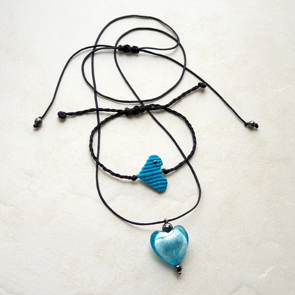 Γυναικείο σετ βραχιόλι και κολιέ με καρδιές τυρκουάζ και ημιπολύτιμες πέτρες - ημιπολύτιμες πέτρες, γυαλί, καρδιά, μακραμέ, σετ κοσμημάτων - 3