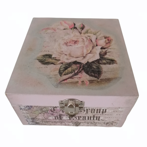 Κουτί ξύλινο ντεκουπάζ τριαντάφυλλο 13x13x8 εκ. - ξύλο, διακοσμητικά