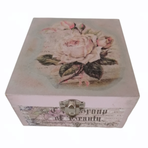 Κουτί ξύλινο ντεκουπάζ τριαντάφυλλο 13x13x8 εκ. - διακοσμητικά, ξύλο