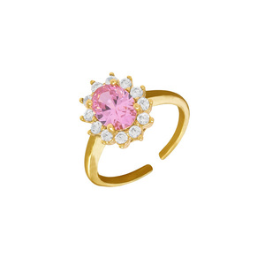 Δαχτυλίδι Επιχρυσωμένο με Ζιργκόν και Ροζ Κρυσταλλάκι Τσεχίας | DAPE7020 - ημιπολύτιμες πέτρες, αυξομειούμενα, ορείχαλκος, λουλούδι, επιχρυσωμένα