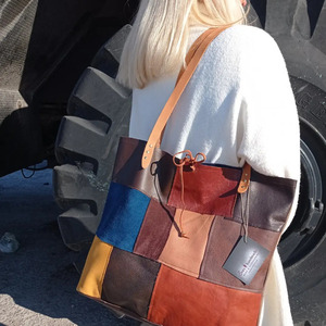 Δερμάτινη τσάντα shopper patchwork - δέρμα, ώμου, μεγάλες, all day, tote