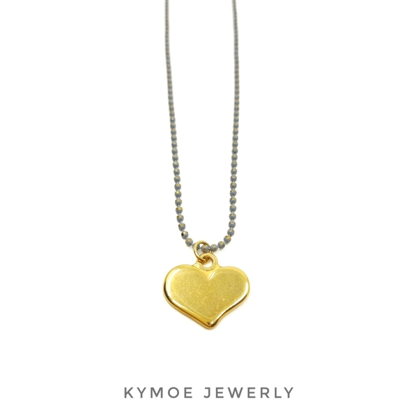 Κολιέ καρδιά σε αλυσίδα καζανάκι (γκρι, χρυσο) - charms, επιχρυσωμένα, ασήμι 925, καρδιά, κοντά - 2