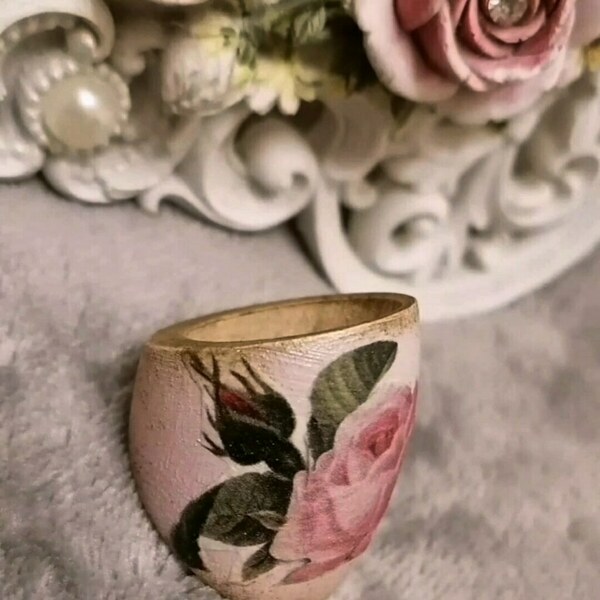 Δαχτυλίδι ντεκουπάζ τριαντάφυλλο - ξύλο, πλαστικό, τριαντάφυλλο, σταθερά, φθηνά