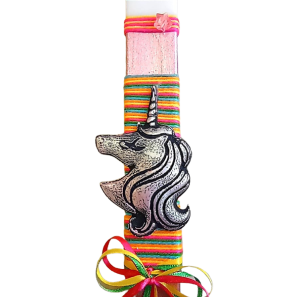 Πασχαλινή λαμπάδα με μονόκερο και χρωματιστά νήματα - κορίτσι, λαμπάδες, μονόκερος, για παιδιά, για μωρά - 2