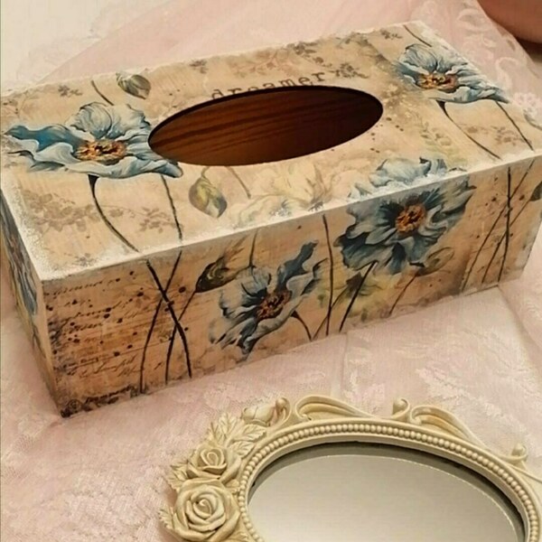 Tissue Box Θήκη για χαρτομάντηλα ντεκουπάζ ξύλινο - ξύλο, λουλούδια, οργάνωση & αποθήκευση, κουτιά αποθήκευσης