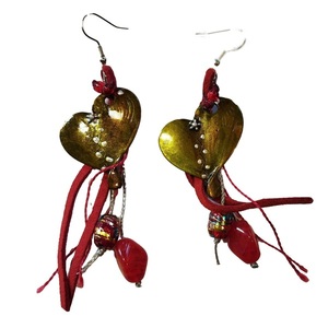 Μεταλλικά χρωματισμένα σκουλαρίκια "Καρδιά "πράσινα με κόκκινο μήκος 8εκ - επάργυρα, μακριά, κρεμαστά, γάντζος, zamak