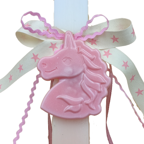 Λαμπάδα χειροποίητη ροζ μονόκερος μαγνητάκι από υγρό γυαλί μήκους 28 εκ. - κορίτσι, λαμπάδες, μονόκερος, για παιδιά, για μωρά