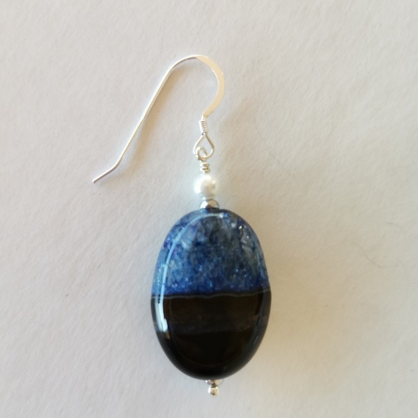 Κρεμαστά ασημένια σκουλαρίκια με μαύρο-μπλε αχάτη - ασήμι, ημιπολύτιμες πέτρες, κρεμαστά, μεγάλα, γάντζος - 2
