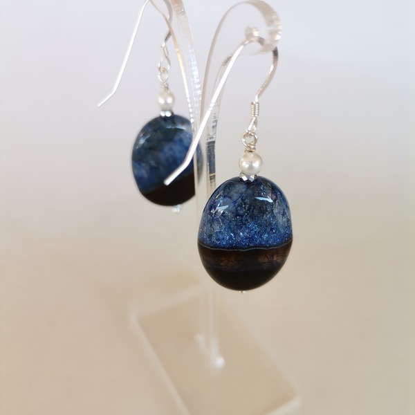 Κρεμαστά ασημένια σκουλαρίκια με μαύρο-μπλε αχάτη - ασήμι, ημιπολύτιμες πέτρες, κρεμαστά, μεγάλα, γάντζος - 3